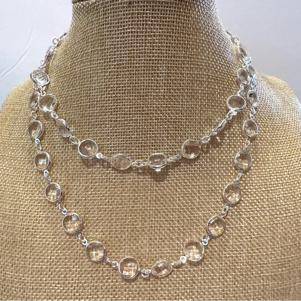 New Vantel Pearls Necklace- Long Silver Tone W Clear Faceted Crystals 28$